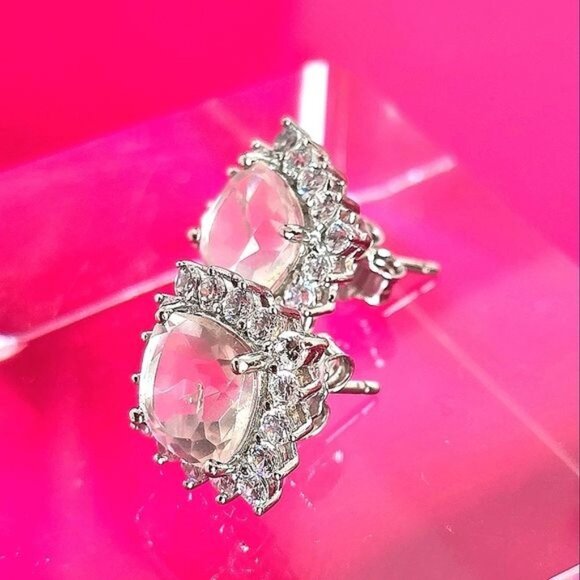 Natural Roze Quartz & CZ 925 Sterling Silver  Earrings - Picture 3 of 9